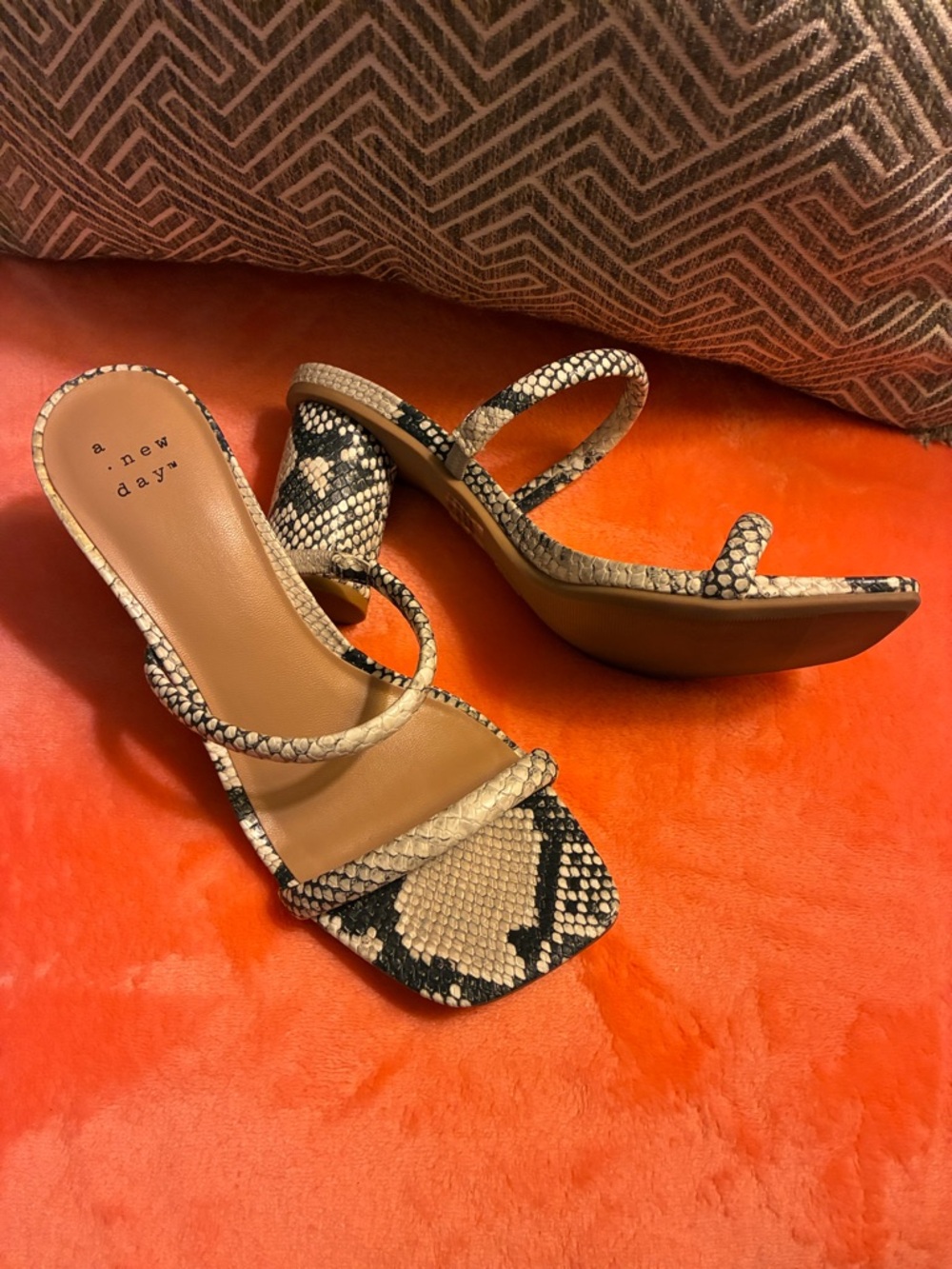 a new day Snake-Print Square-Toe Strappy Heels - Beige & Black